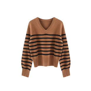 张小某梨形定制 冬季法式保暖舒适V领条纹长袖针织衫1BW11M2410