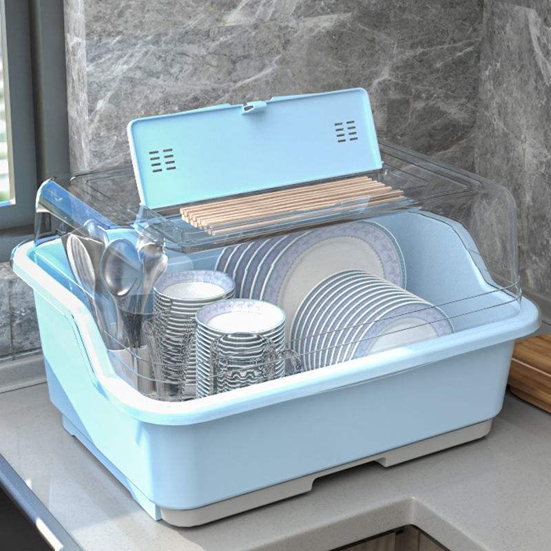 碗筷收纳盒透明厨房防尘塑料碗柜带盖沥水架装放碗收纳箱置物架子