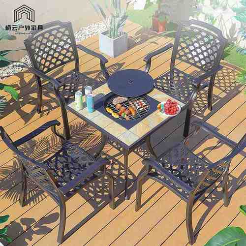 庭院别墅户外铸铝烧烤桌椅阳台韩式电烤桌家用碳烤炉一桌两用桌椅
