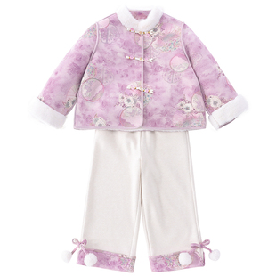 女童新中式套装冬装2025新款儿童加绒汉服小女孩国风阔腿裤两件套