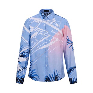RARE威雅男装 春夏新款舒适版花色双R粉蓝印花时尚潮流长袖衬衫