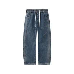 三福2025冬季男士侧边杠条宽松直筒牛仔裤 休闲橡筋腰长裤510784