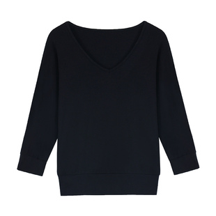 pusumede【现货7折】极简基础 宽松V领七分袖针织衫女蝙蝠袖T恤