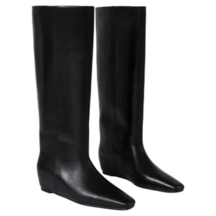 InkingPot彭姐方头内增高坡跟40cm大筒围直筒长靴牛皮瘦瘦及膝靴