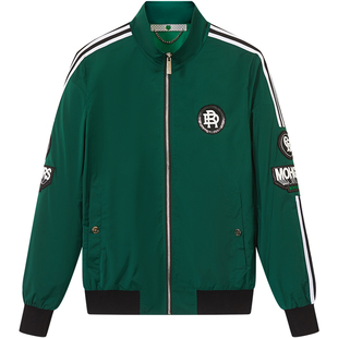 BM轻熟风男装条纹刺绣休闲运动高级感外套男轻奢潮牌绿色立领夹克