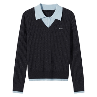 热风女士老钱风针织衫2026年春季新款假两件翻领复古绞花打底衫