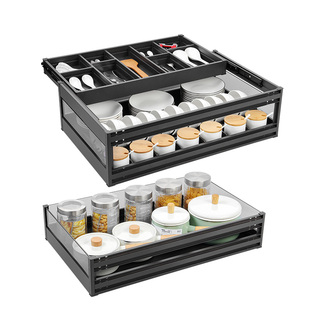 拉篮厨房橱柜三层抽屉式碗篮太空铝抽中抽碗架收纳碗柜内置调味篮