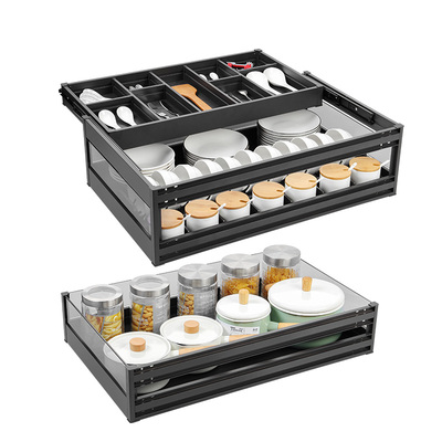 浅居太空铝抽屉式双层碗碟拉篮