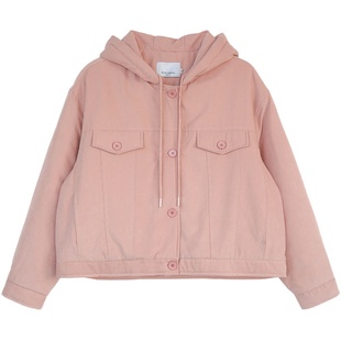 花吉B634陶粉色假两件桃皮绒短款宽松棉服外套女2025新款冬季棉衣