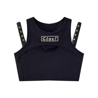 高弹透气吸汗高腰短款露脐紧身皮质肩带工字辣妹背心运动背心女