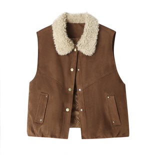 美拉德麂皮绒毛领马甲外套女冬厚款夹棉保暖宽松无袖坎肩棉衣夹克