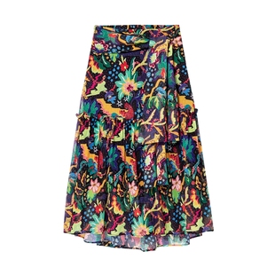 Desigual飘逸伞摆波西米亚风动物印花系带中长款半截裙