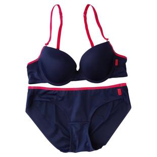 外贸出口韩国原单G家深蓝色时尚性感光面聚拢上托带钢圈文胸套装