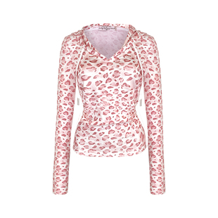 GirlyFancyClub野生甜妹*莱赛尔针织褶皱收腰豹纹上衣长袖连帽t恤