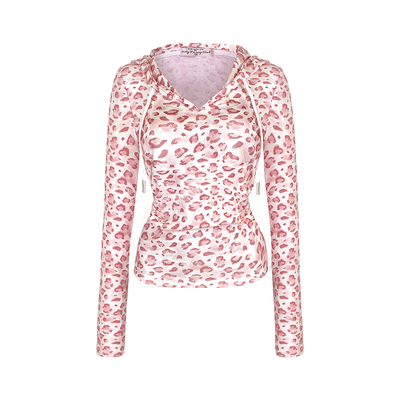 GirlyFancyClub野生甜妹*莱赛尔针织褶皱收腰豹纹上衣长袖连帽t恤