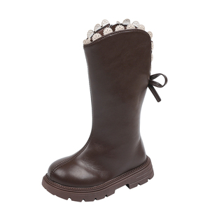 女童靴子儿童加绒保暖高筒靴2025冬季新款女宝长靴洋气公主风皮靴