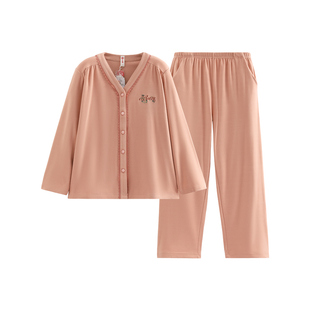 芬腾睡衣女春秋季慕斯绒V领长袖套装女款时尚休闲大码家居服秋天