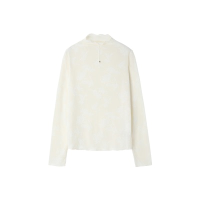 XWI欣未木耳边提花肌理感T恤女2025年冬季修身显瘦白色打底衫上衣