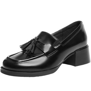 百丽复古学院风乐福鞋女2026新款真皮小皮鞋粗高跟单鞋B2970AA6