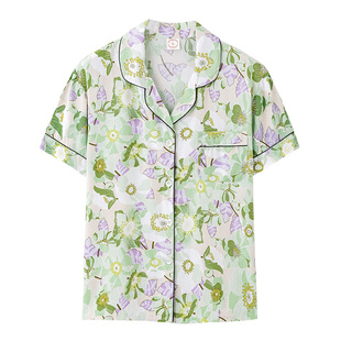 俞兆林家居上衣单件妈妈睡衣夏季开衫短袖人造棉绸女款夏款绵绸薄