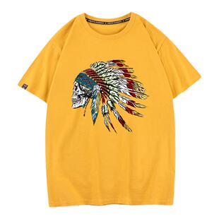 秀洛欧美风西部摇滚乐队骷髅头重金属纯棉印第安人头像短袖T恤男