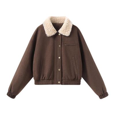 班尼路翻领灯芯绒夹棉外套女秋冬新款加厚保暖通勤百搭夹克棉服N