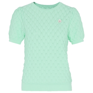 马天奴夏季新款女装豆绿色圆领毛衣百搭收腰修身针织衫短袖附胸针