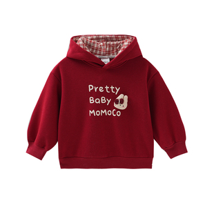 玛米玛卡儿童加绒红色卫衣2025冬季男女童加厚连帽内搭过年衣服