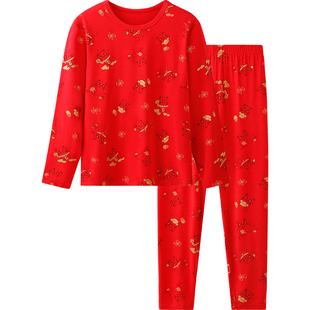 英氏儿童内衣套装男童女童红色本命年新年睡衣保暖秋衣秋裤家居服
