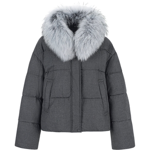 衣香丽影灰色大毛领羽绒服女短款2025年冬装新款防钻绒小个子外套