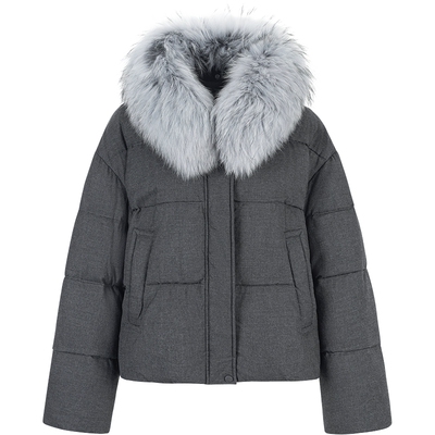 衣香丽影灰色大毛领羽绒服女短款