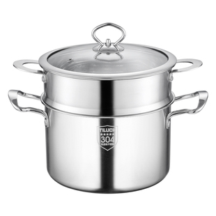 蒂洛克304不锈钢汤锅蒸屉20cm家用加厚双耳煮锅24蒸锅电磁炉燃气