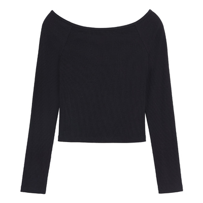 一字肩长袖针织衫短款露肩上衣