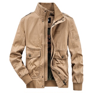 JEEP吉普卡其色纯棉立领工装夹克男款春秋季中年宽松大码休闲外套