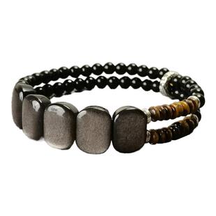 原创手链女款猫眼天然黑曜石银曜石双层手串男士小众复古潮流手饰