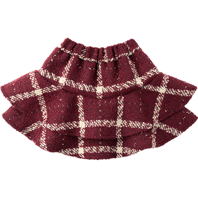 女童毛呢格子红色半身裙公主裙