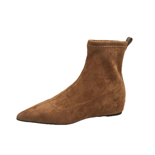 内增高尖头短靴女套筒弹力靴2025冬季新款女士加绒一脚蹬平底鞋子