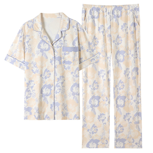 夏季睡衣女纯棉短袖长裤家居服薄款夏天开衫高级感中年妈妈家居服
