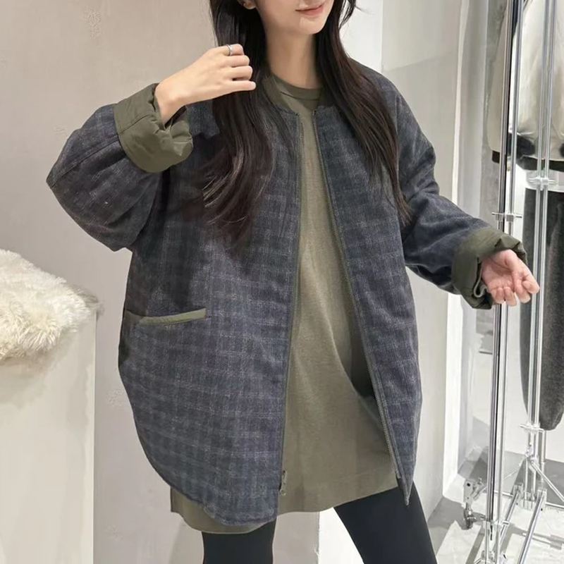 复古黑灰格子立领夹棉外套女2025秋冬季新款慵懒宽松爆款棉服棉衣