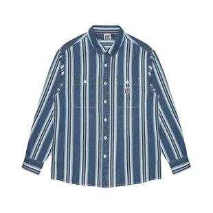 VISION官方  美式复古街头水洗做旧蓝白条纹衬衫男女秋款