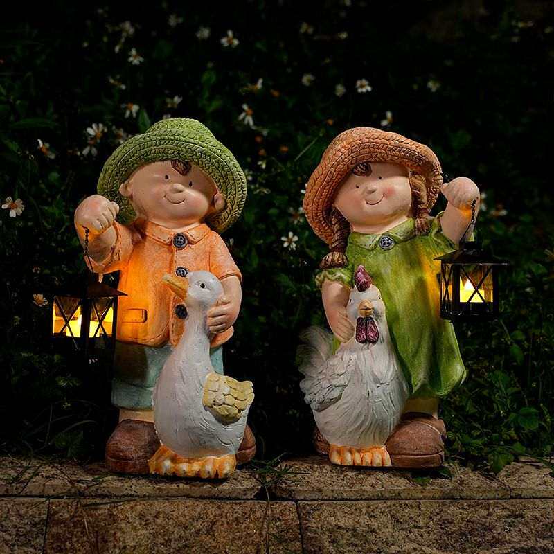 创意卡通人物提灯笼男孩女孩户外庭院花园造景装饰摆件布置雕塑