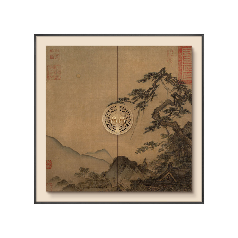 新中式玄关长松山水图挂画民宿酒店客房背景墙装饰画茶室多联壁画