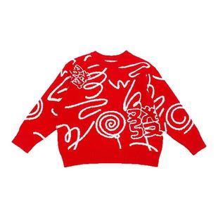 班吉鹿 亲子国潮新年红纯棉提花儿童针织衫圆领毛衫男女童红色
