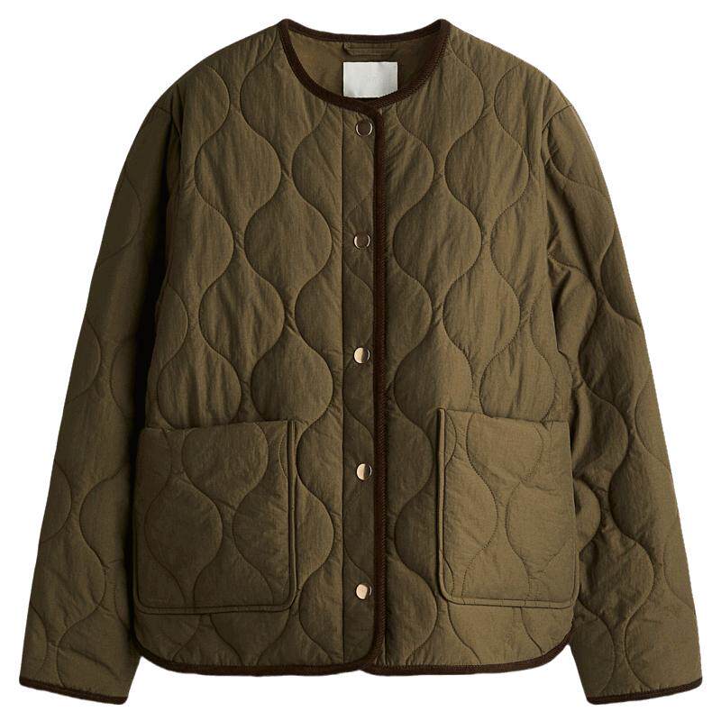 HM女装菱格纹棉服2025冬季新款绗缝夹克圆领洋气外套棉衣1302230