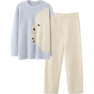 思莉太太半边绒情侣睡衣秋冬季女可爱北极熊毛绒加厚冬天男士套装