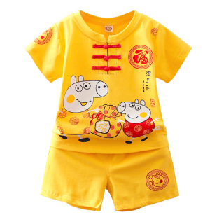 婴儿唐装黄马褂 宝宝汉服百天周岁短袖小朋友生日服小孩抓周礼0-4