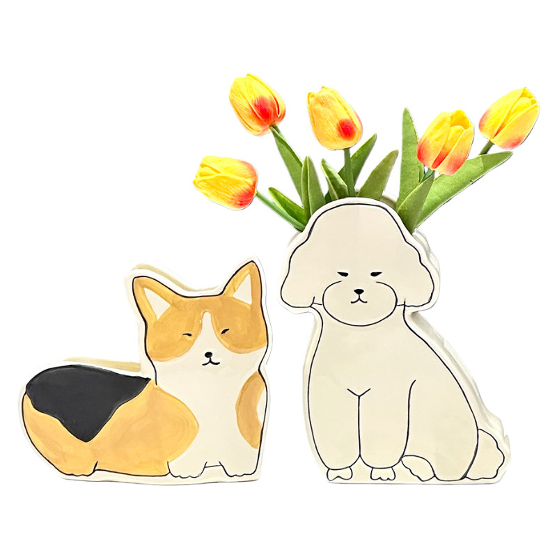 柯基比熊犬创意花瓶摆件客厅插花干花办公室轻奢高级感生日乔迁礼