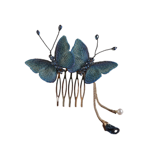 旗袍新中式紫色刺绣蝴蝶发梳古风流苏发簪精致后脑勺发饰复古发饰