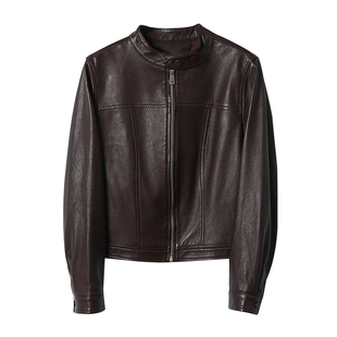 淘么淘 顶奢系列 重磅半植鞣绵羊皮休闲气质小立领皮衣夹克外套女