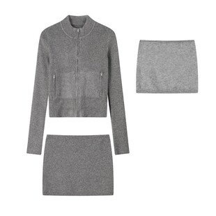 愉悦喻悦  灰色圆领拉链针织开衫短款抹胸背心女春季包臀半裙套装
